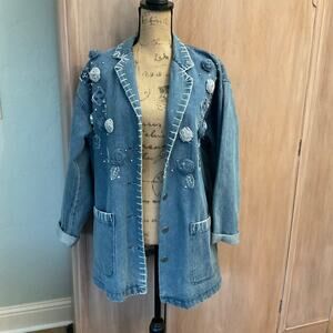 Vintage Carole Little Embroidered 90s Denim Jacket blazer embellished chambray